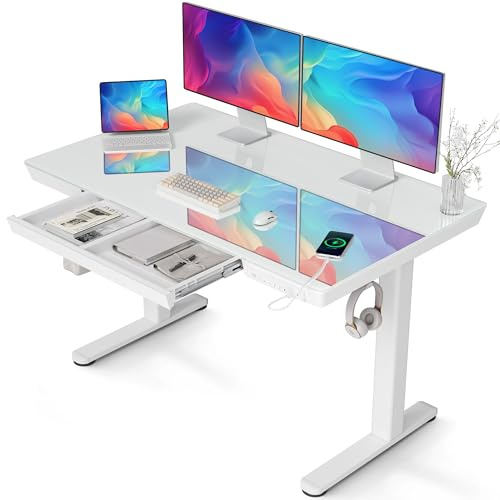 Claiks Electric Standing Desk 120 x 60cm with Tempered Glass Top, Height Adjustable Sit Stand Desk with Drawer, USB & Type-C Charging Ports, 4 Memory Presets, Home Office Gaming Desk, White