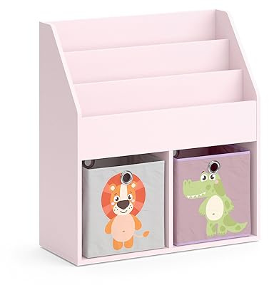 Vicco Kinderregal Luigi, Rosa, 72 x 79 cm mit 2 Faltboxen (Löwe, Krokodil), zur Aufbewahrung von Büchern und Spielzeug kombinierbar