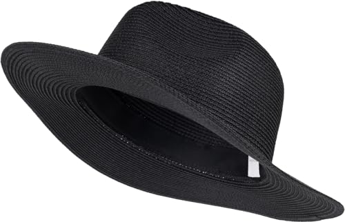 styleBREAKER Damen Panama Sonnenhut aus Papierstroh | Faltbarer Knautschhut mit breiter Krempe | Sommer Fedora Hut für Strand und Festival, Farbe:Schwarz