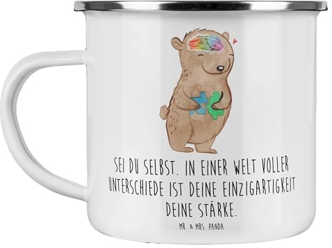 Mr. & Mrs. Panda Camping Emaille Tasse Bär Autismus - Geschenk, Edelstahl Trinkbecher, Outdoor Tasse, Camping Becher Edelstahl,