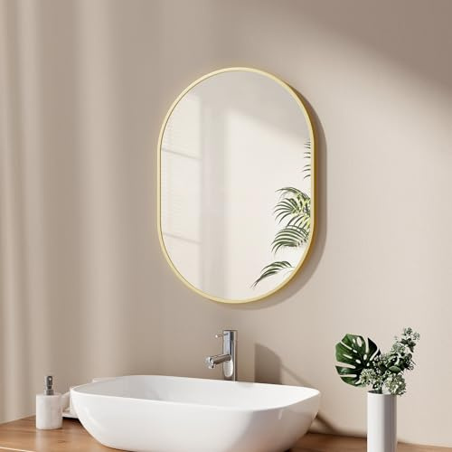EMKE Specchio da bagno ovale 45 x 60 cm con cornice dorata, specchio da parete ovale orizzontale/verticale, specchio ovale dorato, decorativo HD da parete per bagno, corridoio