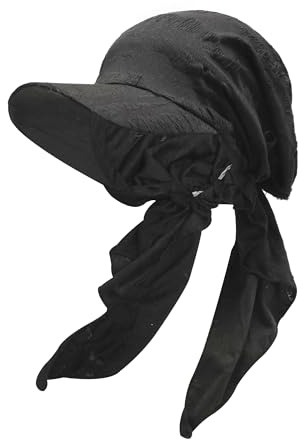 ZLYC Damen Sommer Chemo Kopfbedeckung mit Krempenvisier Vorgebundene Leichte Beanie(Zerrissenes Schwarz),Einheitsgröße