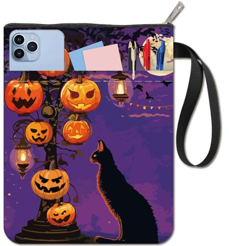 CRASPIRE Katt bokärm Halloween Pumpa Bokskydd Bokskydd för Pocketböcker Tvättbart Tygtyg Bokomslag med dragkedja och extra Ärmficka för bokälskare Klasskamrat Vänner Gåvor