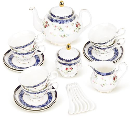 fanquare 21 Pezzi Set da Tè Pomeridiano Britannico con Rose Blu, Moderno Set di Teiere in Porcellana, Set di Tazze da Caffè Vintage con Piattino, Servizio da Tè per Adulti per 6 Persone