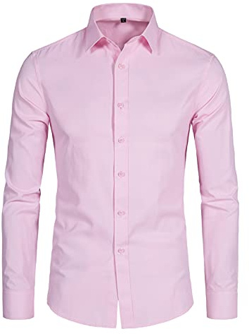 BEILU Camicie da uomo stretch, aderente, a maniche lunghe, formali, con colletto button down, Rosa, XS