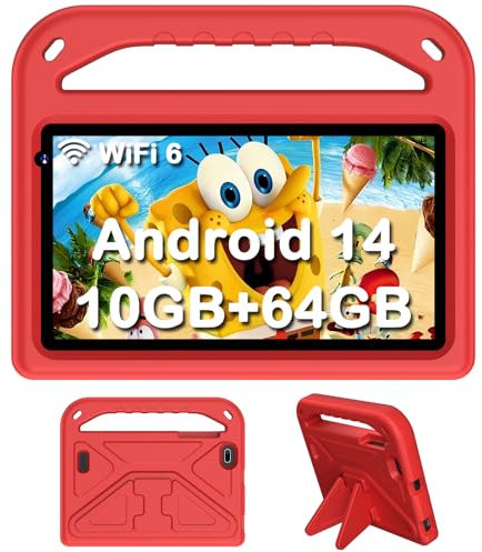 DMOAO Tablet Android 14, Tablet 7 Pollici con 5G Wi-Fi 6, 10GB RAM+64GB ROM(TF 1TB), Controllo Parentale, Widevine L1, Octa-Core, 3500mAh, BT 5.0, USB-C, Protettiva Antiurto in EVA, Rosso