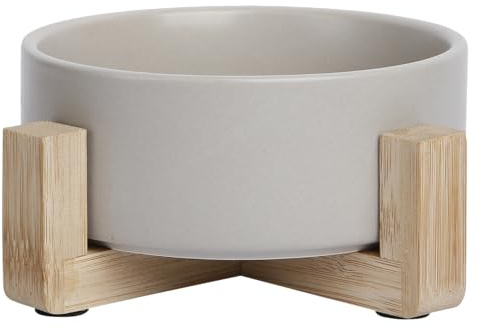 JACK AND VANILLA, Gamelle Céramique Antidérapante avec Support en Bambou, Design Élégant, Facile à Nettoyer, Capacité 400 ML, Idéale pour Chiens et Chats, Gris, Modèle Bon Appetit