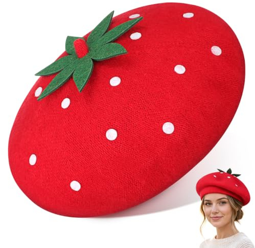 SOIMISS Erdbeer Beret Damen Wollmischung Baskenmütze in Erdbeerform Erdbeer Kopfschmuck Für Fasching Karneval Cosplay Und Party 27.50 X 27.50 X 0.50 Cm