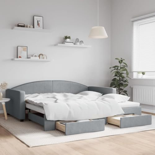 Hommdiy Tagesbett,Ausziehbar Schlafsofa Bett Bettgestell Bettsofa Gästebett Jugendbett mit Lattenrosten Einzelbett/Doppelbett,Hellgrau 100x200 cm Stoff mit Bettkasten & Schublade