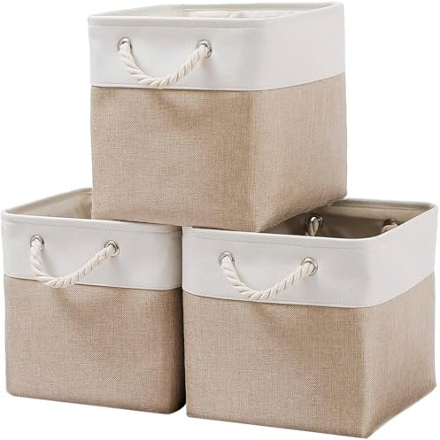 Fabric Cube Storage Boxes, 28cm Collapsible Baskets, for Room Wardrobe Cupboard Shelves Organiser Unit Box, for Storage Gift Towel Clothes, Small Toy Organizer Decorative Basket ( Beige White )