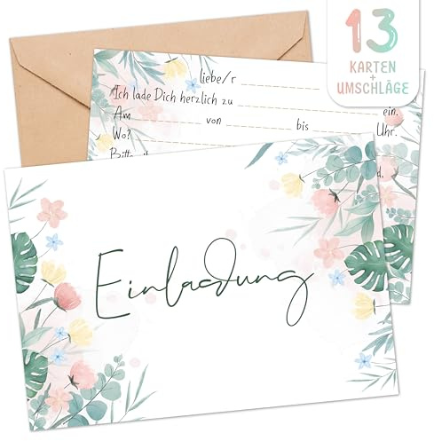 BIROYAL 13 Einladungskarten Hochzeit mit Umschlagen - Einladungskarten Geburtstag - Hochzeit Einladung im Elegantes handgezeichnetes Aquarell-Floraldesign - Perfekte Partyeinladung für Party, Taufe