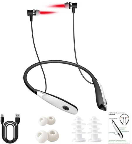Euyehn Cuffie a infrarossi per acufene, tappi per le orecchie a luce rossa, tappi per le orecchie con irradiatore a sospensione del collo, cuffie per l'acufene, irradiazione del canale uditivo,