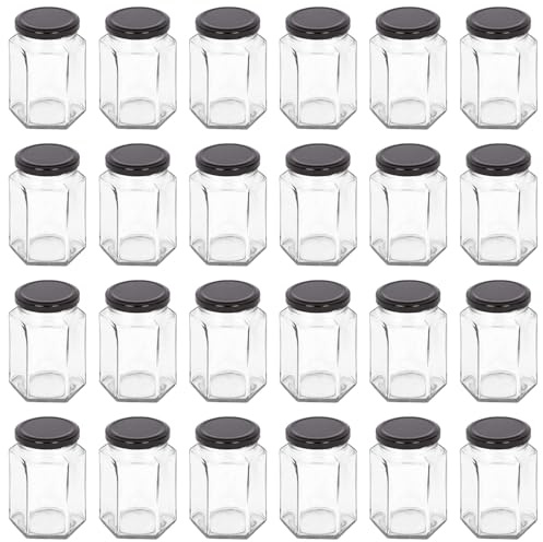 Argon Tableware 250ml Hexagonal Glass Jam Jars with Black Lids - 24x Empty Screw Top Kitchen Food Honey Spice Chutney Preserving Canning Storage Jar Container Glasses Set
