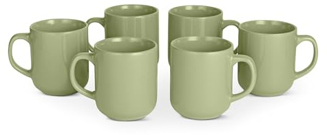 Amazon Basics Tazze Mug da Caffè in Gres Smaltato, Set di 6 Pezzi, 473ml, Adatte al Microonde e alla Lavastoviglie, Verde Oliva