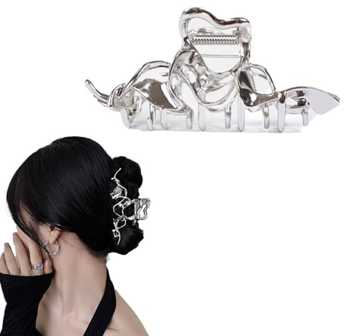 MinoCino Hårspänne, stort silverfärgat hårspänne i metall för kvinnor, oregelbunden design i flytande metall, hållbar håraccessoar för tjockt hår, starkt grepp, perfekt för dagligt bruk