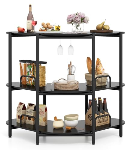 GIANTEX Unità Bar per Liquori, Tavolo Bar Angolare a 3 Ripiani con Portabicchieri da Vino, Altezza Corretta, Paracolpi Metallico Elevato, Scaffale per Vino per Cucina, Sala da Pranzo, Pub (nero)