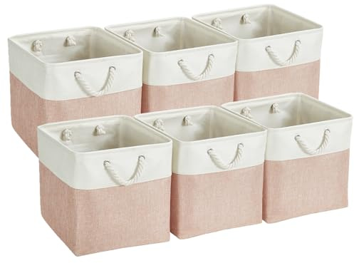 Mangata Canvas-Aufbewahrungsboxen, 25cm große Würfel-Aufbewahrungsbehälter, 6er-Set, Stoffkörbe mit Baumwollseilgriff zum Ordnen von Kleidung, Kinderzimmer, Zuhause (Rosa/Weiß)
