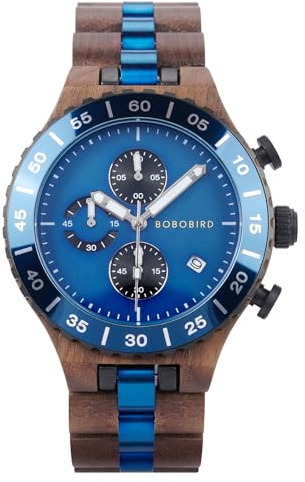 BOBO BIRD Men's Wooden Watch Chronograph Quartz Watch with Date Display, 43mm Large Dial, Luminous Hands, Natural Wood & Stainless Steel Wristwatch – Gift for Him (Blue -Walnut)