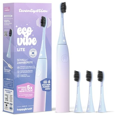 happybrush elektrisk tandborste ECO VIBE Lite [testvinnare] startset – sonisk tandborste med 6 veckors kraftbatteri inkl. 3 borsthuvuden pastellfärger