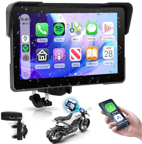 Rimoody 7 Inch Motorcycle Carplay Screen with Wireless Carplay Android Auto for Car, IP67 Waterproof Touchscreen, GPS Navigation, Supports Dual Bluetooth Transmission/EQ Sound Control/Voice Control