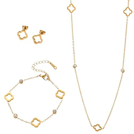 XFSRG 3 Stück Schmucksets Damen Durchbrochenes Vierblättriges Kleeblatt Schmuck Edelstahl Mode Festtagsgeschenk Jubiläumsgeschenk
