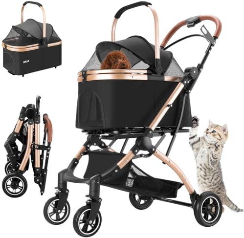 BAKAJI Passeggino per Cani e Gatti 2in1 con Navicella Rimovibile e Chiusura Salvaspazio, Carrozzina Animali Domestici con Capsula Trasportino Rimovibile e Tettuccio Apribile, Peso Max. 50kg (Nero)