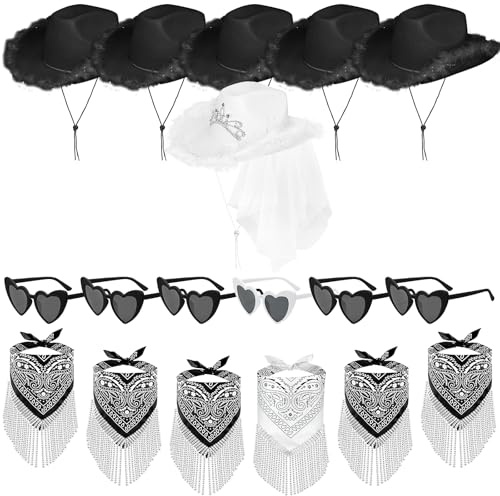 6-teiliges Cowboy Hut Fasching für Damen, Schwarz Filz Westernhut mit Federn und weißer Cowboyhüte mit Herz Sonnenbrillen, Bandanas, Fransen für Fasching, Karneval, JGA, Mottoparty