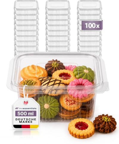 Inoverse Lot de 100 gobelets rectangulaires en PET avec couvercle 500 ml | Récipients jetables en plastique transparent pour salades, sauces et restes, pour le travail, les fêtes et la restauration