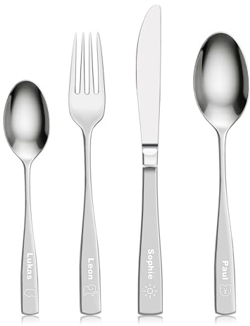 Truevaste Personalisiert Edelstahl Besteck mit Gravur, Individuell Essbesteck mit Namen/Muster als Geschenk für Erwachsene Kinder, Spülmaschinenfeste, 1x Messer Gabel Löffel Teelöffel (4er-Set)