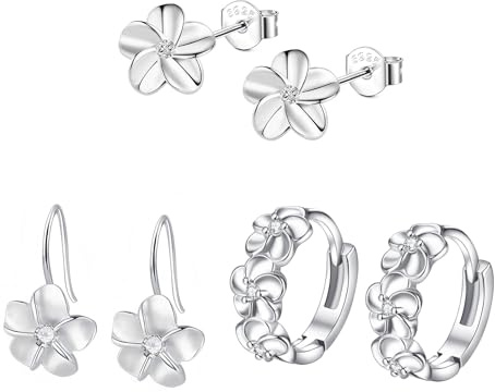 Hinvan Lots de 3 Paires Boucles d’oreilles Argent 925 pour Femme Fille Hypoallergéniques Pendantes Anneaux Boucles d’oreilles Fleur avec Oxyde de Zirconium Diamant Clous d'oreilles Argent Créoles