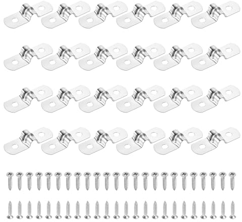 sourcing map 24Pcs 5mm(3/16) 304 Stainless Steel Rigid Pipe Strap, Two Hole Strap U Bracket Heavy Duty Pipe Conduit Clamp with Self-Tapping Screws for Hose Wire Cord Installation, Silver