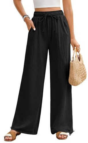 Niwicee Pantaloni Donna Estivi Eleganti Pantaloni Leggeri Comodi Pantaloni Traight Larghi Pantaloni Tinta Unita Casual Donna con Tasche Coulisse Pantaloni Palazzo 100% Cotone Pants (Nero, M)