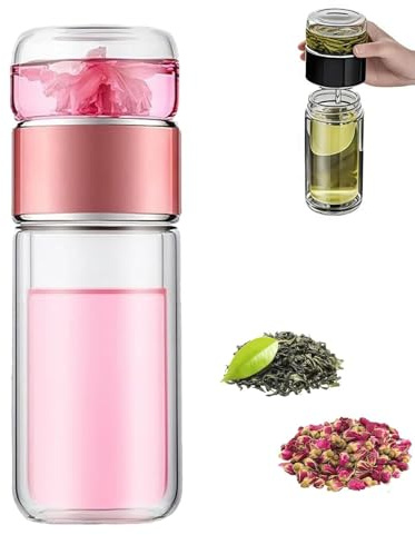 Glas Infuser Tea Cup, 3-i-1 Design med inbyggt filter, dubbelskiktad isolerad teflaska med lock, bärbar lös bladsteeper för hem resor kontor