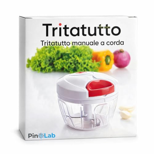 PinoLab Tritaverdure Manuale a Tirante – Tritatutto da Cucina con 3 Lame in Acciaio Inox – Per Cipolle, Aglio, Carne, Frutta e Ortaggi – Mini Chopper Portatile, Senza Elettricità, Facile e Veloce