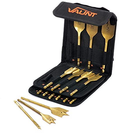 Vaunt Essentials Flat Wood Bit Set Titanium Coated in Easy access canvas storage pouch - 16 Piece