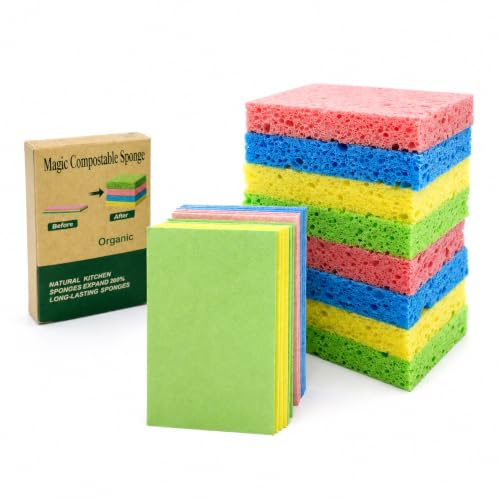 12 Pack Compostable Sponges, Pop Up Eco Sponge Made from Natural Cellulose, Reusable Kitchen Sponges for Dishes, Cookware, Household & Bathroom