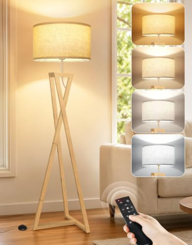 OUTON Stehlampe Holz mit Fernbedienung, Dimmbar, Wohnzimmer, Holz | 3000K-6500K LED, 1100LM, Leinen Lampenschirm, Massivholz, Memory Funktion, 1H Timer, Fußschalter, Smart-Bulb kompatibel
