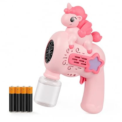Azarton Einhorn Seifenblasenmaschine Kinder - Automatische LED Seifenblasenpistole Rosa, Bubble Gun mit 50 ml Flüssigkeit & 4 Batterien, auslaufsicher für Party Hochzeit Festival