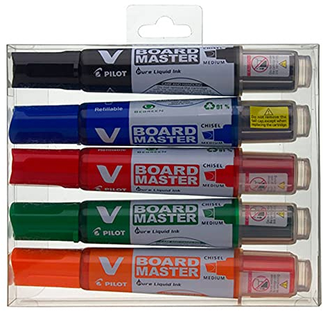 Pilot Begreen Recycled V Board Master Whiteboard Marker Chisel 2.2-5.2 mm Tip - Black/Red/Blue/Green/Orange, Wallet of 5