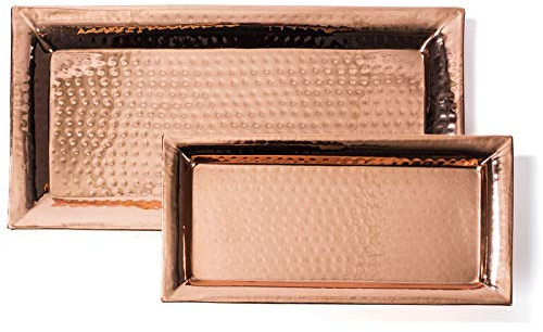 Colleta Home Gehämmertes Kupfertablett – 2er-Set, Servierplatte, 40,6 x 20,3 cm, rechteckige Schale, 30,5 x 15,2 cm, Serviertablett aus reinem Kupfer, stapelbar – Nisttabletts (2 Stück)