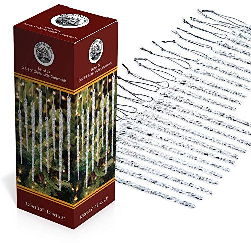 Twisted Clear Glass Icicle Christmas Ornaments for Christmas Trees - Set of 24 Icicles Christmas Tree Decorations - Christmas Tree Ornaments Crystal
