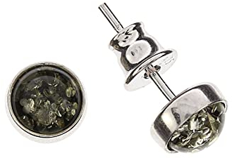 Bernstein Ohrringe von Artisana-Schmuck, kleine runde grüne Ohrstecker aus Bernstein und Fassung 925/000 Sterling Silber rhodiniert