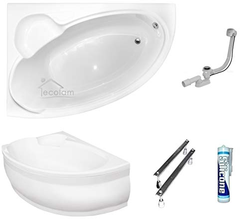 ECOLAM® Badewanne Wanne Eckwanne Eckbadewanne Acryl weiß Finezja 140x95 cm LINKS + Schürze Ablaufgarnitur Ab- und Überlauf Automatik Füße Silikon Komplett-Set