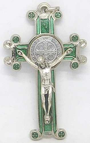 GTBITALY 10.601.11 Cruz de San Benito Fantasía esmaltada a mano Plata Medida 8 cm Esmalte Verde Agua