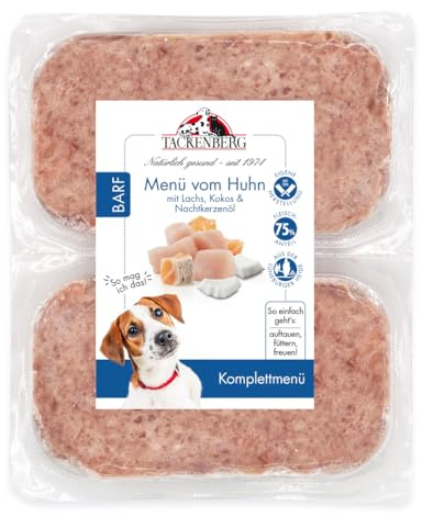TACKENBERG Barf Menü mit Hühnerfleisch, Lachs, Kokos und Nachtkerzenöl für Hunde - 14 x 500 g - leckeres Frostfleisch als Hundefutter in Premiumqualität - Gefrierfutter