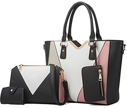 AioTio Bolsos de Mujer Grande Bolso de Hombro Bolso Bandolera Tote Bolso de Mano Cuero PU Conjunto de Bolsa Mujer Tarjetero Billetera 4pcs Set(4pcs Set, Negro A)
