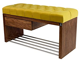 EMRA WOOD M-DEKO LPS-1 Sitzbank Schuhbank Chesterfield Gesteppt mit Schublade Bezug aus Gelbem Velours Gestell aus Holz Nach Maß (Höhe 50cm Tiefe 35cm, 50)