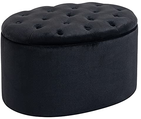 HOMCOM Sitzbank Polsterbank mit Stauraum Truhenbank Ovale Form Flur Schlafzimmer Wohnzimmer samtartiges Polyester Schwarz 71 x 52 x 42 cm