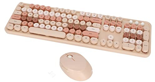 Dilwe Kabellose Tastatur Maus Combo, 104 Tasten Retro Runde Tastenkappen Tastatur, Süßes Ergonomisches Tastaturgeschenk für Mädchen, 2,4 G USB Wireless Keyboard(süßer Milchtee Farbe gemischte Farbe)