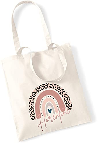 Jutebeutel bedruckt mit Namen & rosa Regenbogen LEO-Print |Stofftasche Baumwolle inkl. Namensaufdruck für Mädchen | Personalisierter Kinderbeutel Tragetasche für Krippe, Kindergarten, Schule natur